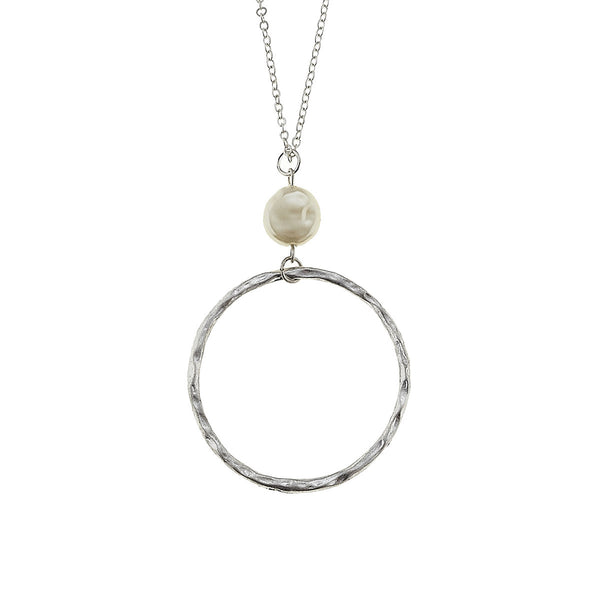 Open Circle Necklace with Coin Pearl - Silver